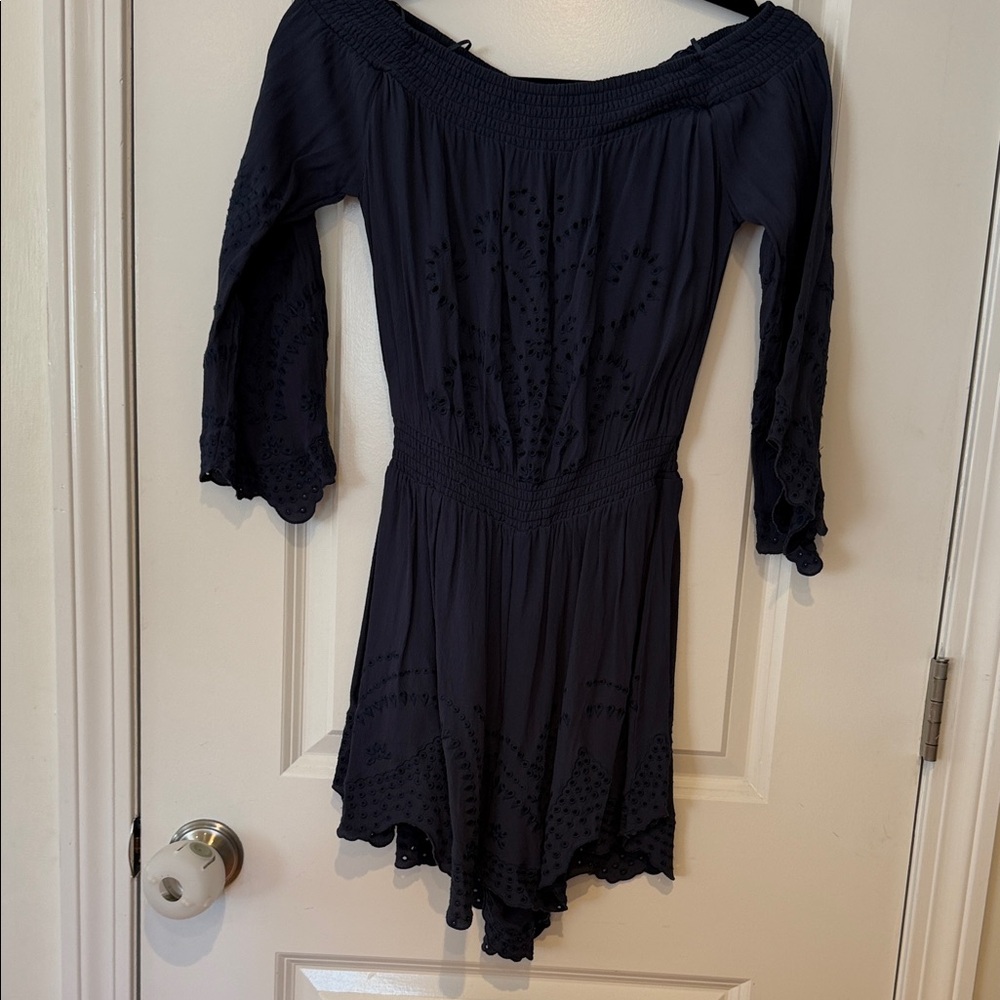 Astr Navy Blue Off-Shoulder Eyelet Romper